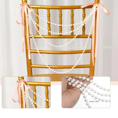 Artificial Pearl Ribbon Knot Bow Chain Wedding Chair Decor Belt for Aisle Chair Back Garland Decor