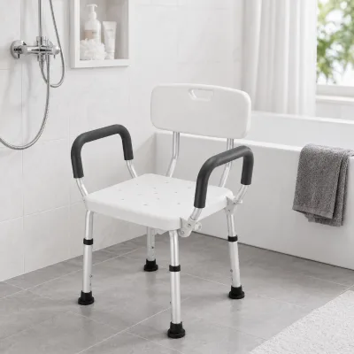 Portable Bathing Chair Stainless Steel Height Adjustable Frame with Perforated Seat and Non Slip Feet for Home Care Seniors