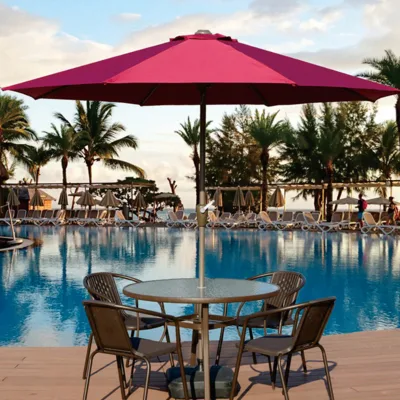 Custom Logo Stable Base for Private Villa Patio Umbrellas with,Center Pole Featuring UV Coating and Tilt Mechanism/