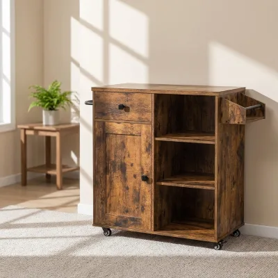 Mobile Kitchen Island Equipped with a Drawer, Cabinets, and a Spice Rack, and the Inner Shelf of the Island Can Be Adjusted