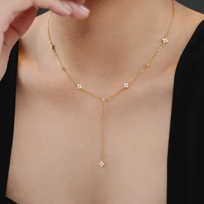 Y Shape Design Sweater Chain Women Fine Jewelry Cubic Zirconia Four-leaf Clover 925 Sterling Silver Tassels Necklaces