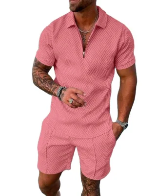 2024 Men's New Hot Casual Sportswear Vacation Outing POLO Zipper Short Sleeve + Elastic Waist Drawstring Shorts Leisure Suit