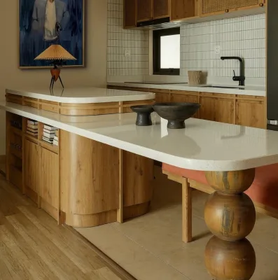 Modern Natural White Marble & Wood Kitchen Island Combo With Breakfast Bar & Storage Cabinet