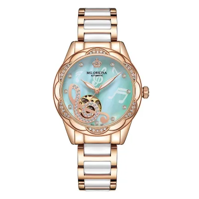 ORKINA Fashion Mechanical Women Watches Top Brand Diamond Design Ceramic Stainless Steel Band Automatic Female Watch