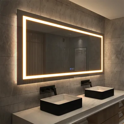 LED Backlit Wall-Mounted Bathroom Mirror Large Dimmable Smart Touch Sensor Vanity Mirror for Hotel Black Metal Frame