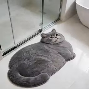 Funny 3D Grey Cat Shape Bathroom Floor Mat Medium Thickness Anti Slip Rubber Base Water Absorbent Doormat