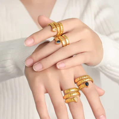 New Trendy Personalized Striped Texture Multi-layer Ring Blue White Cubic Zirconia Stainless Steel Gold Plated Chunky Ring