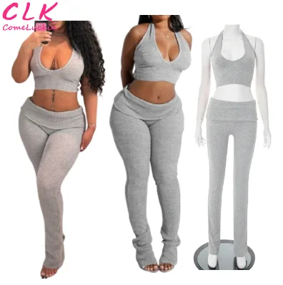 Women's New Summer Casual Two-Piece Set Sexy Threaded Groove Strip Hanging Neck Tie Rope Vest Folding Pants Short Knitting Solid