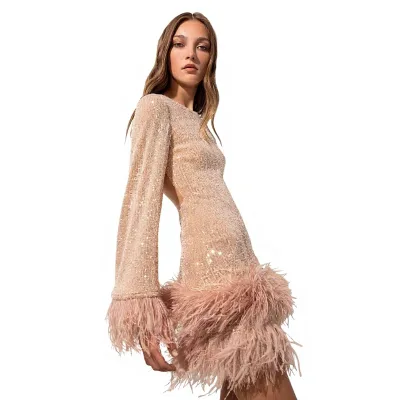 Spring 2026 New European American Women's Waist-Cinching Sexy Short Viscose Dress Evening Gown Bold Open Back