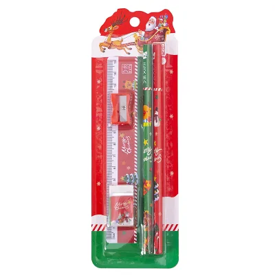 Factory Stationery Supplies Fancy 5 in 1 Eco-friendly Christmas Gift Set with Pencil Eraser Sharpener Ruler Students Use