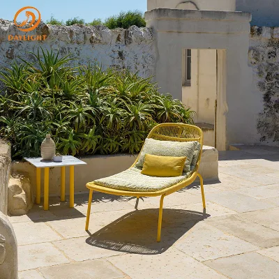 Modern Bright Yellow Outdoor Lounge Chair, Curved Woven Back Patio Accent Chair with Comfy Cushions and Matching Side Table