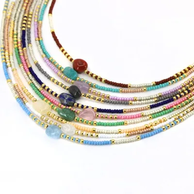 Boho Stainless Steel Seed Bead Necklace With Natural Stone Charms
