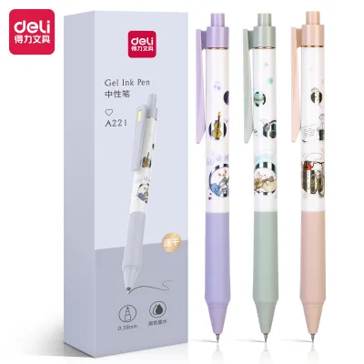 3Pcs/Box Deli A221 Quick Drying Press Neutral Pen Enhanced Needle Tube 0.38mm Black Ink Supplies School Office Stationer High Quality high quality
