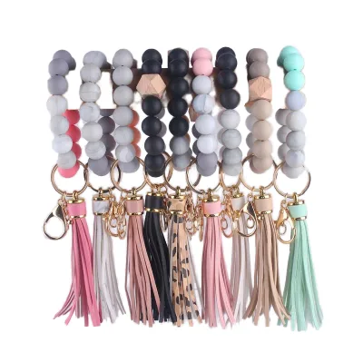 Women's Classic Style Tassel Charm Rubber Keychain Bag Hanger Double Color Silicone Beads Bracelet Stainless Steel UV Printing