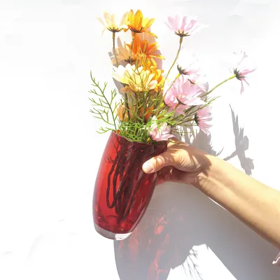 Modern Vintage Red Glass Vase with Dried Flowers Hydroponic Tea Color Middle Ancient Home Decoration Ins Style