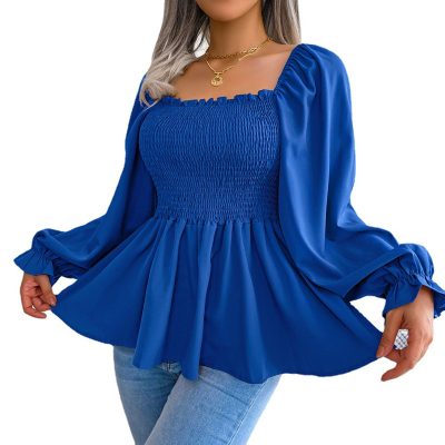 RNSHANGER Youth Elegant Blouse Casual Square Neck Long Sleeve Tops Chiffon Shirt Elegant Slim Elastic Waist Plus Size Shirts