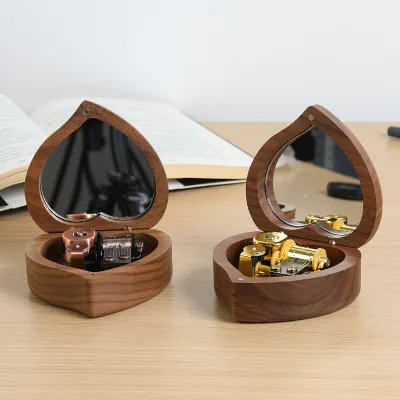 DIY Carved Love-shaped Mirror Music Box Wooden Birthday and Christmas Gift