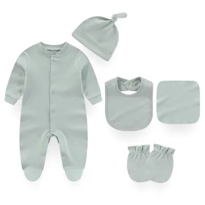 5-Piece ODM Newborn Pure Cotton Long-Sleeved Romper Set Casual Pacifier Cap Bib Gloves with Jumpsuit for Winter