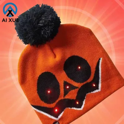Halloween LED Light-Up Short Knitted Beanie Hat Cartoon & Character Printed Hand Embroidered for Travel Decorations