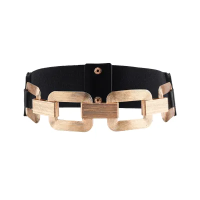 Saije Fashion Gold Metal Buckle Stretchy Wide Elastic Belt for Women 60-80cm Length Vintage Fabric Design