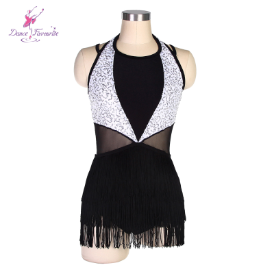 New Arrival of Girls Black/White Sequin and Mesh Dance Bodice with Black Tassel Skirt Jazz & Tap Dance Costume 16042