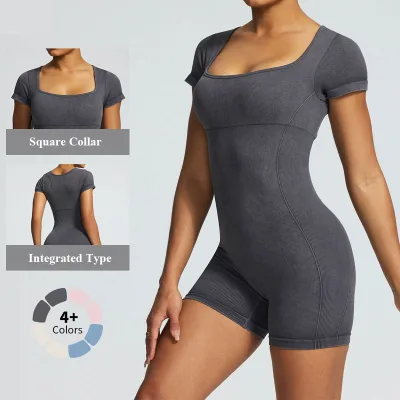 Women's Summer Sports Bodysuit Hot Selling Seamless Sand-Washed Breathable Light Weight Yoga Square Collar Sports Jumpsuit
