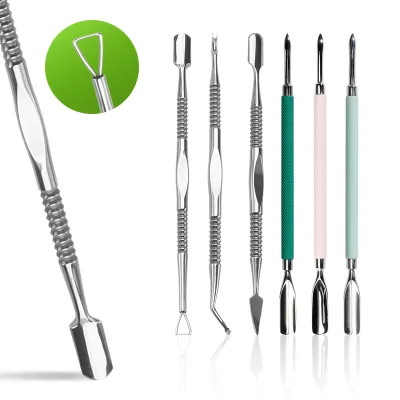 Stainless Steel Manicure Pedicure Nail Art Care Tools 4 PC Set Nail Pusher Dead Skin Push Cuticle Fork Green Rubber Nail Pusher