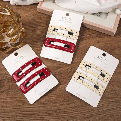 2pcs PU Leather Hair Clip with Sweet Dripping Oil Spot & Side Bangs Metal Hairpin