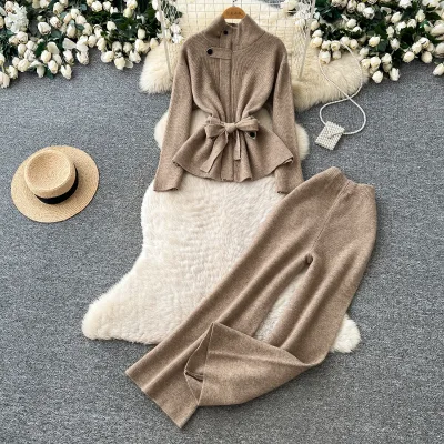 Women's Fall Winter Casual Knit 2 Piece Outfit Stand Collar Belted Peplum Sweater Top High Waist Slit Hem Wide Leg Pants