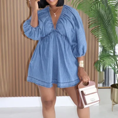 Women Deep V Neck Puff Sleeve Denim Mini Dress Loose Casual Short Denim Dress for Ladies Summer Autumn