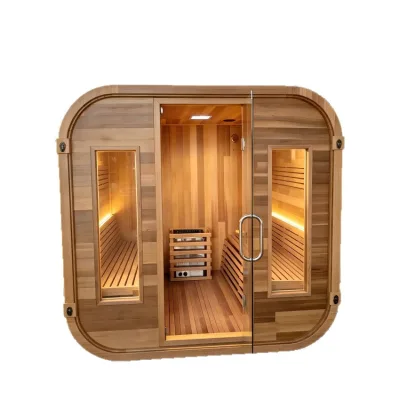CE-certified Solid Wood Sauna Room with Ice Bath Tub Combo; Outdoor-use Red Cedar Sauna with Electric Heater