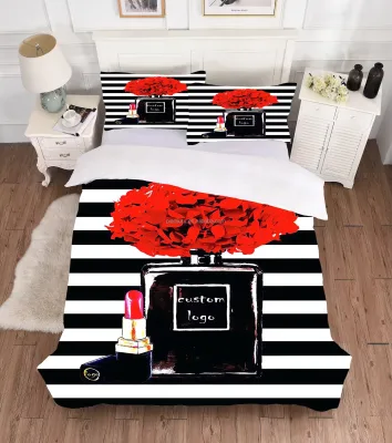 Luxury Name Brand logo 3d Custom Digital Printed pink Flowers Comforter Bed Sheet Bedding Set for Livingroom