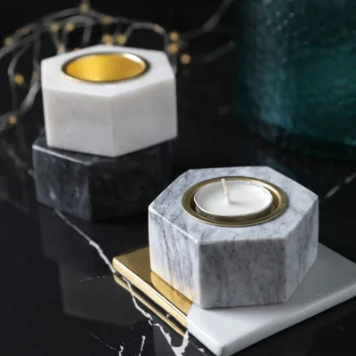Premium Handmade Letterpress Printed Hexagon Marble Votive Candlestick Holder Set Natural Stone Brass Accents Home Decoration