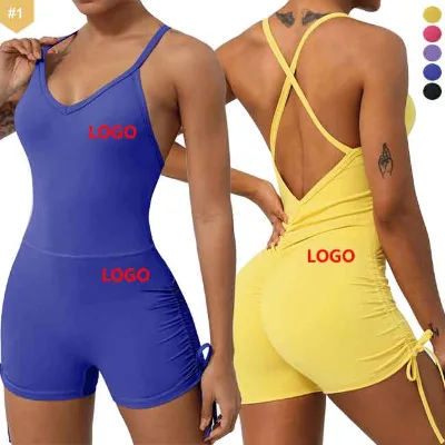 Women Back Cross Side Shirred Detail Short Gym Wear Romper Fitted High Waist Stretch Fabric Sleek Minimalist Yoga Leotard