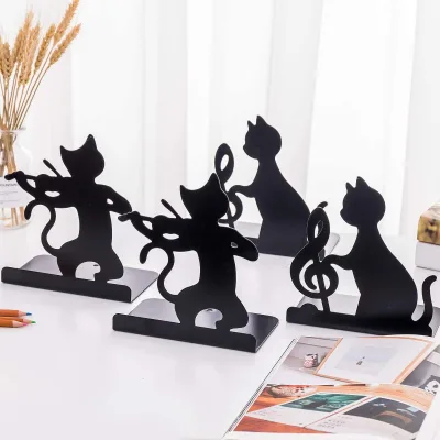 Anti-Slip Heavy Duty Desktop Metal Cat Cast Iron Bookends Cute Black Music Cat Play Bookends Decorative for Home Office