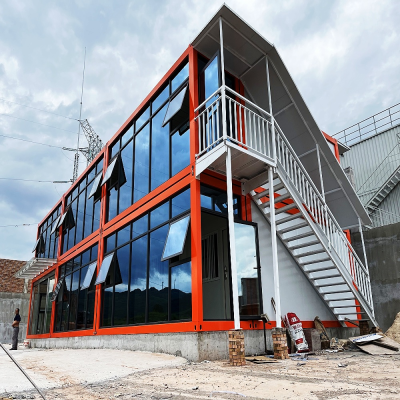Portable 20ft Flat Pack House for City Living Flatbed Packing Box, Two Story Home Kitchen Office Glass Featured Hotel
