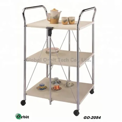 Stainless Steel Chrome Plated Modern Kitchen Serving Cart with Panel Design Storage and Wheels Orbit GO-2054