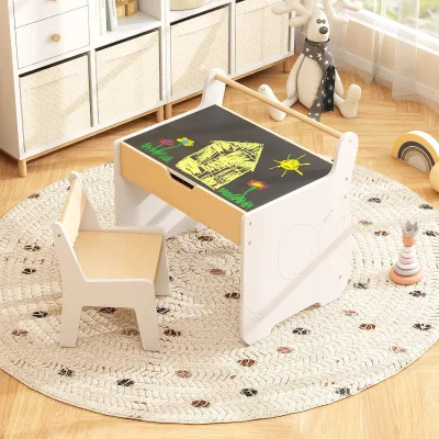 Kids Table and Chair Set Wooden Multi-Activity Table with Blackboard Whiteboard Paper Roll Holder for Art