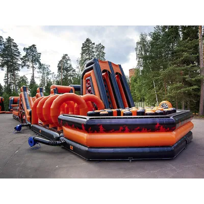 Fire Theme Giant Inflatable Obstacle Course With Slide Commercial Inflatable Race Challenge for Event Rental
