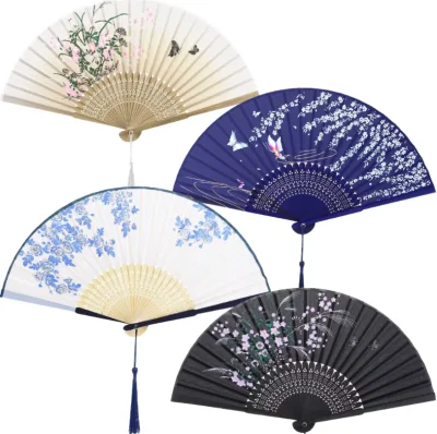 Aneco 4-Piece Folding Fans Bamboo & Silk Fabric Lightweight Handmade Flower Theme Home Decor Fans (4 Colors)