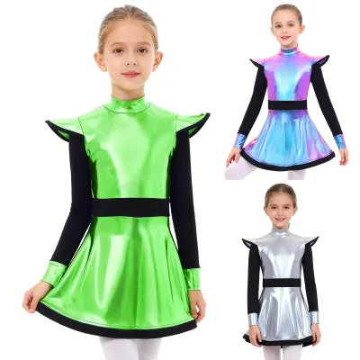 6-16 Kids Girls Dance Costumes Performance Alien Costume Metallic Shorts Dress For Fancy Ball Alien Themed Parties Role Play