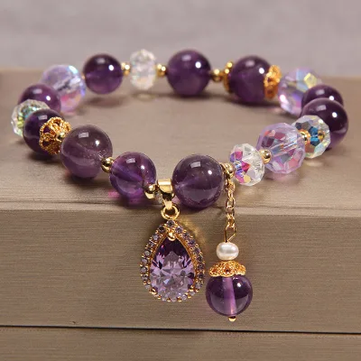 Natural Purple Crystal Bracelet Female Mori Tie Cold Wind Amethyst Flower Pendant Crystal Bracelets
