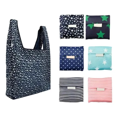 Custom Logo Striped Polyester Shopping Bag Foldable Pouch Eco Friendly Reusable Lightweight Promotional Gift