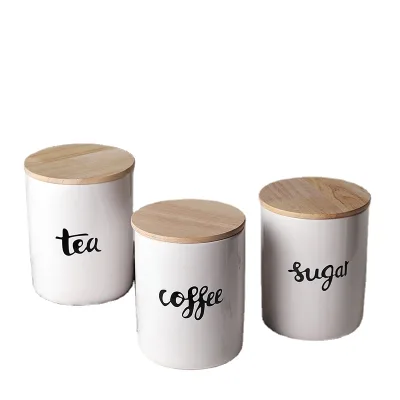 White Ceramic Tea Coffee Sugar Storage  Jar with Bamboo Lid