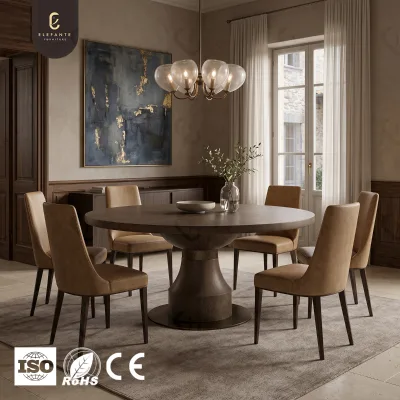 Custom Luxury Round Dining Table with Oak Veneer Top Oak Base and Cast Bronze Details for Villa Dining and Interior Project