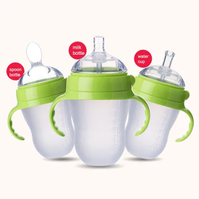 New Babi Product Silicone Anti Colic Wide Neck Baby Nipple Straw With Gravity Ball Feeding Spoon Bottle Set