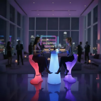 Rechargeable Color Change LED High Table and Black Bar Stools ( Tp121A)