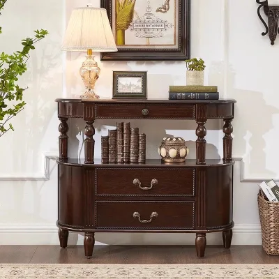 American-style Full Solid Wood Luxury Retro Semi-circular Console Table for Foyer/Living Room-Durable & Easy to Clean