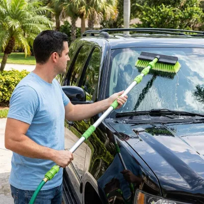 Car Cleaning Kit Slip-Locking Aluminum Pole Flow Wash Brush Soft Microfiber Bristle for Garage Door Glass Panel