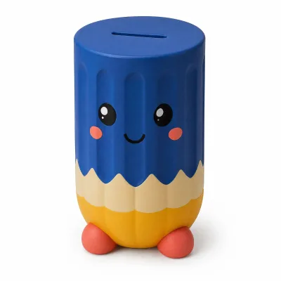 Custom PVC Pencil Character Piggy Bank Figurine, OEM 3D Cartoon Pencil Vinyl Figure, Custom Coin Saving Bank Toy for Kids Gift